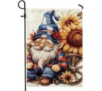 Bandiera da giardino con gnomo autunnale, cappello a quadri blu, decorazione a ruota di carro con girasole, bandiera su entrambi i lati, in iuta, decorazione stagionale per feste all'aperto, 30,5 x
