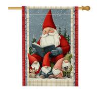 Bandiera da giardino con gnomo di Natale, Babbo Natale rosso che legge con gli amici, decorazione per esterni, in iuta su entrambi i lati, per la decorazione del prato, 71 x 101 cm