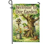 Bandiera da giardino con gnomo, fantasiosa casetta per uccelli rustica con albero primaverile, in iuta verde, bandiere decorative da esterno per esterni, prato, portico, patio, ingresso, 30,5 x 45,7