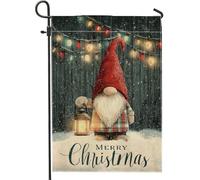 Bandiera da giardino con gnomo, lanterna natalizia fantasiosa con luci di Natale, in iuta rossa, su entrambi i lati, bandiere decorative per esterni, prato, portico, patio, ingresso, 30,5 x 45,7 cm
