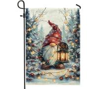 Bandiera da giardino con gnomo, lanterna natalizia fantasiosa con neve, in iuta rossa, su entrambi i lati, decorativa, per esterni, patio, prato, portico, ingresso, campeggio, 30,5 x 45,7 cm