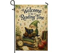 Bandiera da giardino con gnomo, libri divertenti e fantasiosi con mele che leggono bandiere verdi su entrambi i lati, decorative per esterni, patio, prato, portico, ingresso, campeggio, 30,5 x 45,7 cm