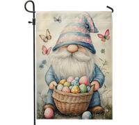 Bandiera da giardino con gnomo pasquale, bandiera decorativa a righe blu, bandiera decorativa a forma di coniglio, decorazione per prato all'aperto a tema primaverile, uova colorate a tema farfalla