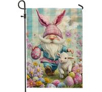 Bandiera da giardino con gnomo pasquale, cappello da coniglietto di pesca, decorazione floreale per esterni, bandiera primaverile per decorazione del prato, design carino e fantasioso per esposizione