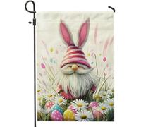 Bandiera da giardino con gnomo pasquale, decorazione a righe di pesca, per vacanze primaverili, bandiera in iuta su entrambi i lati per la decorazione del prato all'aperto, grazioso design floreale
