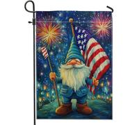Bandiera da giardino con gnomo patriottico, decorazione natalizia con barba blu, decorazione per esterni, giorno dell'indipendenza, vivace design con fuochi d'artificio, 30,5 x 45,7 cm