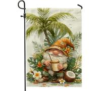 Bandiera da giardino con gnomo tropicale estivo, con foglie di palma colorate e cocco, decorazione per la casa, bandiera su entrambi i lati in iuta per cortile, decorazione per prato all'aperto, 30,5