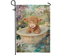 Bandiera da giardino con grazioso vitello che fa il bagno nelle bolle, striscione floreale da cortile con bovini marroni, decorazione primaverile per esterni su entrambi i lati, affascinante