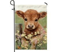 Bandiera da giardino con grazioso vitello primaverile e estivo, bandiera marrone con mucca floreale per la casa, bandiera da giardino in iuta su entrambi i lati, decorazione per esterni, 30,5 x 45,7