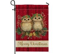 Bandiera da giardino con gufi, pigne di agrifoglio rustiche natalizie in iuta rossa su entrambi i lati, bandiere decorative per esterni, patio, prato, portico, ingresso, campeggio, 30,5 x 45,7 cm