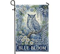 Bandiera da giardino con gufo, crisantemo botanico con glicine primaverile, blu, su entrambi i lati, bandiere decorative per esterni, patio, prato, portico, ingresso, campeggio, 30,5 x 45,7 cm