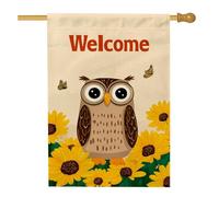Bandiera da giardino con gufo di benvenuto, girasole giallo, decorazione per esterni, decorazione stagionale per la casa, grazioso striscione da cortile in iuta per tutte le stagioni, 71 x 101 cm