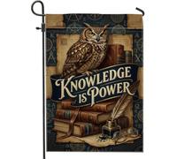 Bandiera da giardino con gufo, libri letterari vintage con penna d'oca marrone double face in iuta, bandiere decorative per esterni, prato, portico, patio, ingresso, 30,5 x 45,7 cm