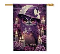 Bandiera da giardino con gufo viola di Halloween, candela cappello da strega, bandiera decorativa per la casa, bandiera da cortile in iuta su entrambi i lati per decorazione esterna del prato 71 x 101