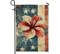 Bandiera da giardino con ibisco rosso patriottico, decorazione floreale vintage per esterni per il giorno dell'indipendenza, striscione da cortile in stile grunge per feste e decorazioni estive 30,5 x
