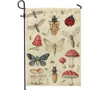 Bandiera da giardino con insetti e funghi, decorazione vintage illustrata con insetti e funghi, decorazione primaverile per esterni, decorazione per prato, bandiera da cortile in tessuto su entrambi i