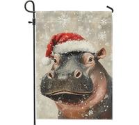 Bandiera da giardino con ippopotamo di Natale, bandiera rossa decorativa per le vacanze, doppia faccia in iuta per esterni per la stagione invernale, cartello natalizio per esterni, patio, prato
