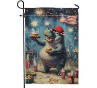 Bandiera da giardino con ippopotamo per il giorno dell'indipendenza, bandiera rossa con ippopotamo e fuochi d'artificio per esterni, bandiera a doppio lato, decorazione per feste e celebrazioni, 30,5