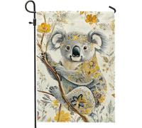 Bandiera da giardino con koala floreale, orso con fiori gialli, decorazione per prato all'aperto, striscione stagionale per la casa per primavera estate, decorazione in iuta su entrambi i lati, 30,5 x