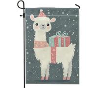 Bandiera da giardino con lama per le vacanze invernali, graziosa alpaca bianca con regalo, decorazione per la casa, bandiere da giardino, bandiera da giardino in iuta innevata su entrambi i lati