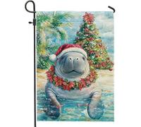 Bandiera da giardino con lamantino di Natale, decorazione per le vacanze con cappello di Babbo Natale rosso, bandiera da cortile in iuta su entrambi i lati, per l'inverno, decorazione stagionale per