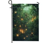 Bandiera da giardino con lanterna della foresta incantata, bandiera mistica verde per la casa sull'albero, striscione decorativo per la casa, in iuta su entrambi i lati, bandiera da cortile per feste