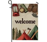 Bandiera da giardino con lanterna rossa rustica e tenda, decorazione per esterni, bandiera da giardino in iuta su entrambi i lati, per primavera ed estate, decorazione per la casa, 30,5 x 45,7 cm