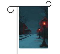 Bandiera da giardino con lanterne gotiche lungo il sentiero innevato durante le vacanze stagionali in tela da imballaggio su entrambi i lati, 30,5 x 45,7 cm