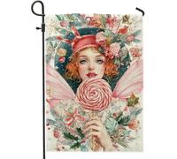 Bandiera da giardino con lecca-lecca, fatina natalizia con caramelle rosse, double face, decorativa, per esterni, patio, prato, portico anteriore, balcone, 30,5 x 45,7 cm