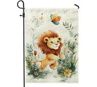 Bandiera da giardino con leone carino, decorazione per esterni con animali colorati in stile cartone animato, divertenti bandiere primaverili estive da cortile, decorazione su entrambi i lati, 30,5 x