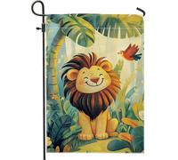 Bandiera da giardino con leone carino, striscione colorato con animali della giungla, decorazione esterna su entrambi i lati per la camera dei bambini e il prato, divertenti accenti per la casa per la