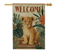 Bandiera da giardino con leone di benvenuto, decorazione per la casa con animali safari gialla, bandiera da cortile in iuta su entrambi i lati, per decorazione estiva all'aperto del prato, 71 x 101 cm