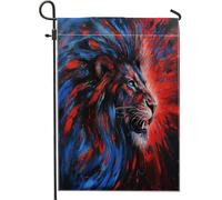 Bandiera da giardino con leone maestoso, rosso e blu, astratta fauna selvatica, decorazione per la casa, decorazione su entrambi i lati, per esterni, stagionali, vacanze, prato, 30,5 x 45,7 cm