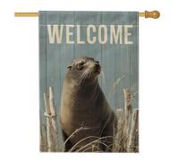 Bandiera da giardino con leone marino, decorazione per la casa all'aperto blu costiera, bandiera in iuta su entrambi i lati per riunioni estive, decorazione per prato a tema animale, 30,5 x 45,7 cm