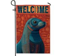 Bandiera da giardino con leone marino di benvenuto, decorazione per esterni con animali marini blu, striscione autunnale su entrambi i lati, accenti decorativi per il prato della casa, 71 x 101 cm