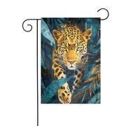 Bandiera da giardino con leopardo che cammina attraverso la giungla, 30 x 45 cm, verticale, double face, decorazione per casa colonica, vacanze, esterni, bandiera da cortile
