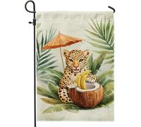 Bandiera da giardino con leopardo tropicale, beige carino animale con banane cocco sotto l'ombrello, decorazione per prato su entrambi i lati in iuta per primavera estate decorazione per esterni 30,5