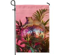 Bandiera da giardino con leopardo tropicale, palla da discoteca, striscione decorativo per la casa, bandiera su entrambi i lati, in iuta, decorazione estiva per esterni, per feste sul prato, 30,5 x