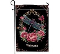 Bandiera da giardino con libellula di benvenuto, decorazione floreale nera per esterni, striscione in iuta su entrambi i lati per la primavera e l'estate, decorazione per prato 30,5 x 45