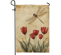Bandiera da giardino con libellula e tulipani rossi, bandiere vintage floreali per la casa, bandiera da giardino in iuta su entrambi i lati, decorazione per prato all'aperto, 30,5 x 45,7 cm