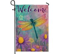 Bandiera da giardino con libellula, fiori fantasiosi primaverili con scritta "Welcome Spring", in iuta turchese, double face, per esterni, portico, prato, patio, terrazza, 30,5 x 45,7 cm