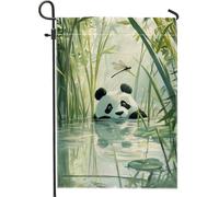 Bandiera da giardino con libellula panda, decorazione per esterni in bambù verde, striscione da giardino su entrambi i lati per la primavera e l'estate, decorazione per prato, graziosa bandiera per la
