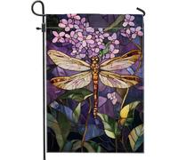 Bandiera da giardino con libellula primaverile ed estiva, bandiera floreale viola per la decorazione della casa da cortile, in iuta su entrambi i lati, decorazione per prato all'aperto, decorazione