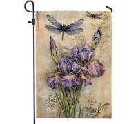Bandiera da giardino con libellula viola iris, striscione floreale primaverile estivo da cortile, decorazione per esterni in iuta su entrambi i lati, per la decorazione della casa e feste, 30,5 x 45,7