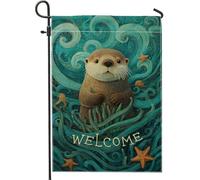 Bandiera da giardino con lontra di benvenuto, foglia di tè, onde dell'oceano, stella marina, alghe marine, decorazione per la casa e il cortile, in iuta su entrambi i lati, decorazione per feste