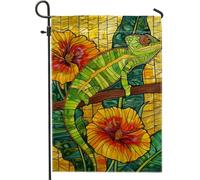 Bandiera da giardino con lucertola tropicale, decorazione floreale per esterni con camaleonti verde brillante, striscione in iuta su entrambi i lati, per decorazione estiva del prato, 30,5 x 45,7 cm
