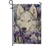 Bandiera da giardino con lupo, decorazione floreale da giardino con lupo bianco grigio su entrambi i lati, decorazione per esterni per primavera estate, bandiera da cortile per la decorazione della