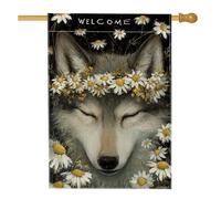 Bandiera da giardino con lupo di benvenuto, striscione decorativo per la casa con crisantemo floreale grigio, decorazione per esterni in iuta su entrambi i lati, per primavera estate 71 x 101 cm