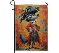 Bandiera da giardino con lupo pirata, decorazione per esterni a forma di animale arancione in stile cartone animato, striscione in iuta su entrambi i lati, per feste e vacanze, decorazione per prato