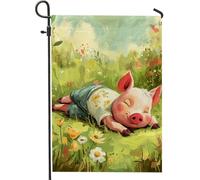 Bandiera da giardino con maialino che dorme, striscione floreale colorato per esterni, decorazione per prato su entrambi i lati, per feste primaverili ed estive, design fantasioso per casa e giardino